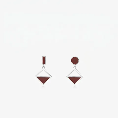 Orecchini Asimmetrici Argento Sterling 925 Geometrici Rombo Quadrato Cerchio Smalto Marrone Rosso Gioielli Per Donne
