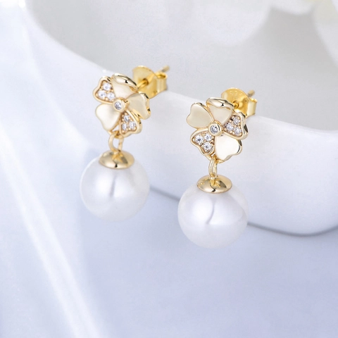 925 Sterling Silver Flower Artificial Pearl Drop Earrings Elegant Rhinestone Inlaid Floral Earrings For Women Wedding Jewelry