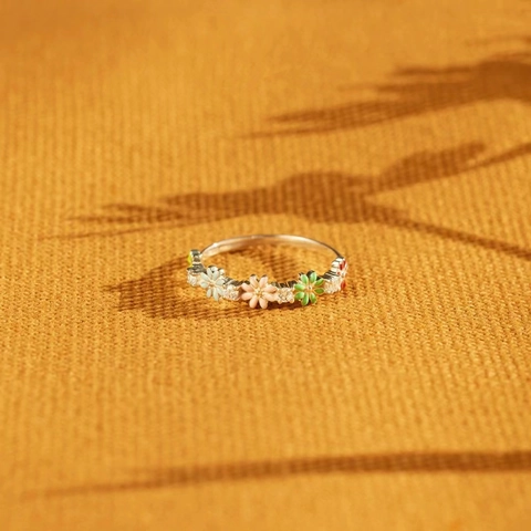 Anillo de Plata de Ley 925 Esmalte Flor Diamantes de Imitación Coloridos Incrustados Anillo Floral Ajustable Joyería Elegante