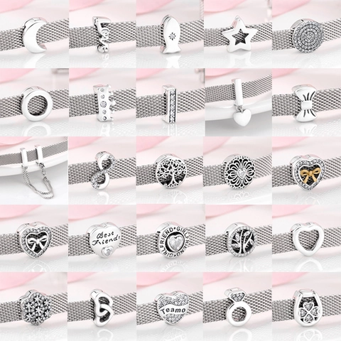 925 Sterling Silver Clip Charm Beads For Mesh Bracelet DIY Jewelry Tree Of Life Heart Moon Star Rhinestone Women Accessories