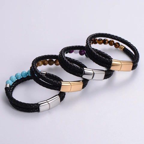 Bracelet En Cuir Tressé Pour Hommes Avec Fermoir Magnétique En Acier Inoxydable 316L Et Perles En Pierre Naturelle