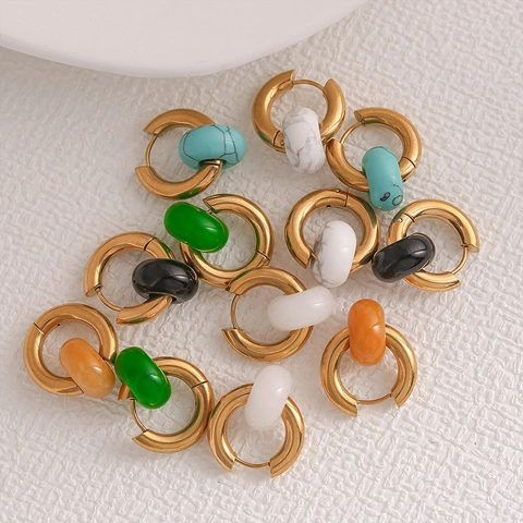 New Chinese Style Stainless Steel Gold Plated Hoop Earrings With Jade Like Stone Bead Peace Buckle Dangle Earrings For Women