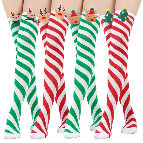 Christmas Over The Knee Socks Striped Thigh High Polyester Knit Plush Santa Reindeer Bowknot Decoration For Holiday Party
