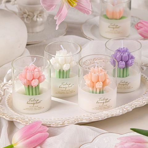 Tulip Bouquet Scented Candle Natural Soy Wax Glass Jar Handmade Floral Aroma Home Decor Ins Aesthetic Atmosphere Gift