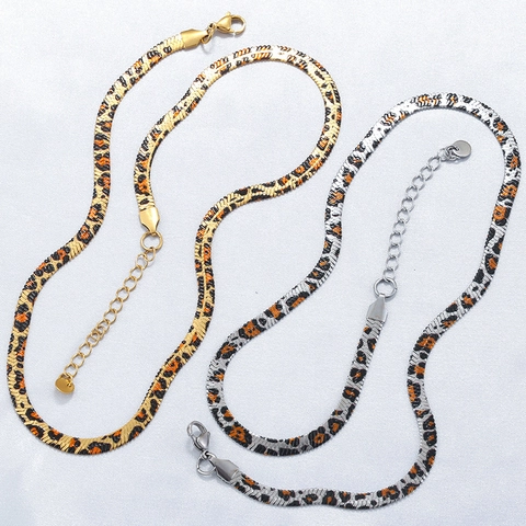 Set di Gioielli in Acciaio Inossidabile con Stampa Leopardata Hip Hop Catena a Lama da 5mm Collana Bracciale per Donna Gioielli alla Moda