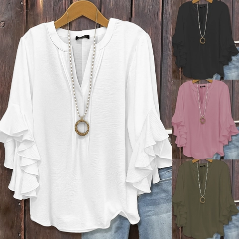 Women V Neck Chiffon Blouse Elegant Ruffle Three Quarter Sleeve Solid Color Casual Loose Business Shirt Top