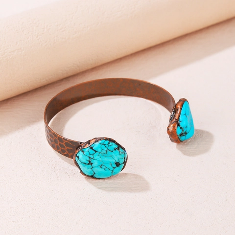 Turquoise Manchet Armband Koperlegering Gehamerde Textuur Verstelbaar Retro Boheemse Etnische Stijl Voor Dames