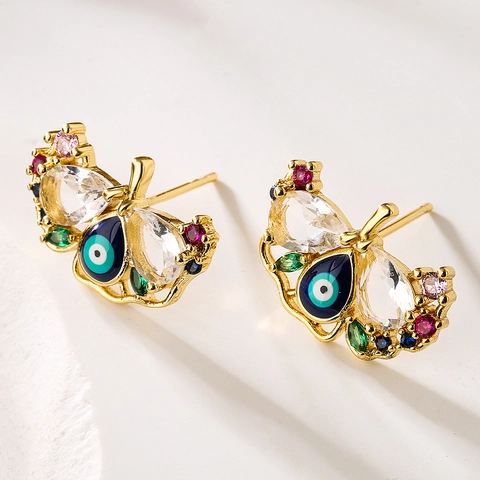 Pendientes De Botón Mariposa Ojo Turco Bañado En Oro Cobre Circón Colorido Esmalte Joyería De Moda Para Mujeres