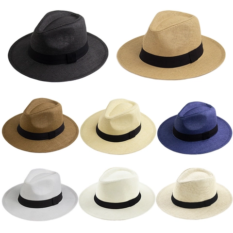 Fedora Hat Wide Brim Paper Straw Sun Protection Beach Summer Panama Style Unisex Vintage With Black Ribbon