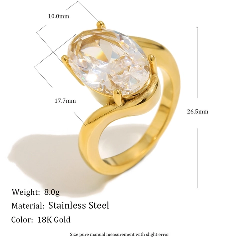 Oval Zircon Ring 18K Gold Plated Stainless Steel Solitaire Streamlined Asymmetric Band Minimalist Luxury Jewelry For Women