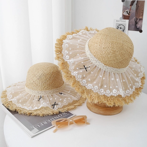 Chapeau De Paille Femme Avec Dentelle Et Nœud Respirant Large Bord Style Vacances Plage Été