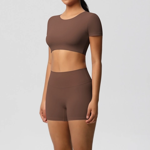 Tenue De Yoga Femme Crop Top Manches Courtes Et Short Taille Haute Brossé Double Face Respirant Sport Fitness