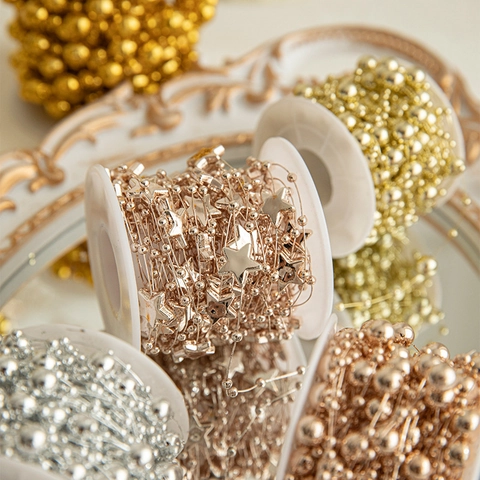 Christmas Bead Chain Garland Plastic Electroplated Star Round Beads DIY Hanging Ornament Xmas Tree Decoration
