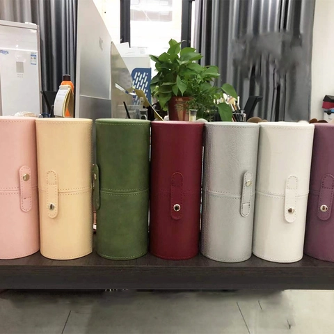 Cubo De Almacenamiento Para Brochas De Maquillaje Cuero PU Antipolvo Portátil Viaje Cilíndrico Cierre De Presión