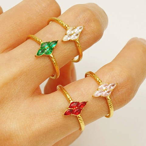 Marquise Zircon Flower Adjustable Ring Hammered Gold Plated Stainless Steel Jewelry For Women French Vintage Style