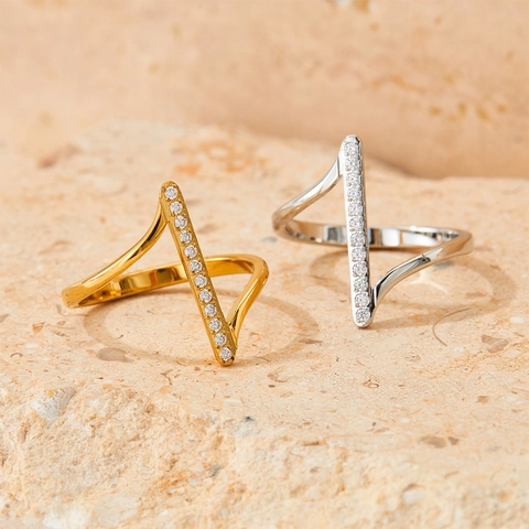 Geometric Vertical Bar Zircon Ring Stainless Steel Wave Design Minimalist Gold Silver Plated Jewelry For Women