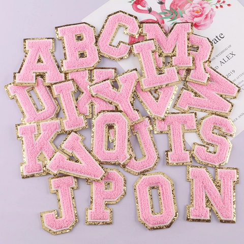 Alphabet Letter Patches Chenille Iron On Glitter Sequin Border Varsity Style DIY Embroidery Decoration Pink White