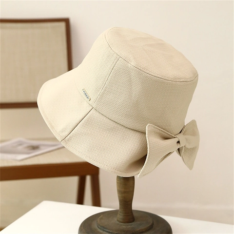 Women Fashion Bucket Hat Wide Brim Large Bow Decor Textured Polyester Travel Sunshade Elegant Autumn Sun Hat