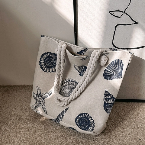 Damen Canvas Tote Bag Mit Dickem Seilgriff Große Kapazität Bedruckte Umhängetasche Für Strand Urlaub