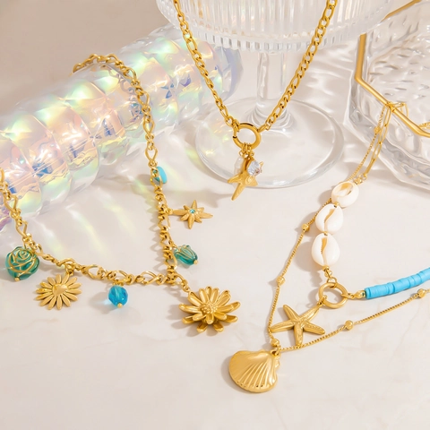 Collana Doppia in Acciaio Inossidabile Bohémien per Donna Placcata Oro Pendente Conchiglia Naturale Stella Marina Gioielli Spiaggia Estiva