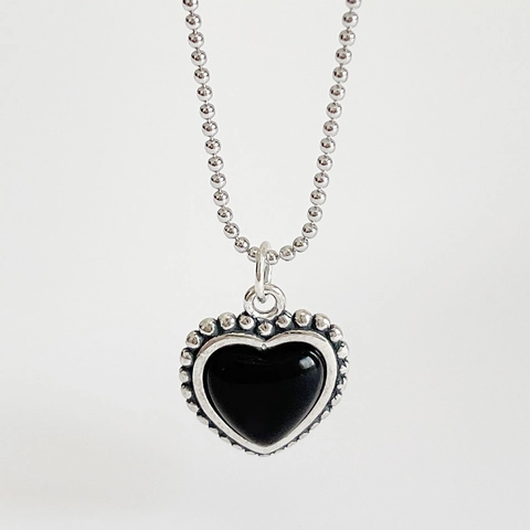 Collana Con Pendente A Cuore Vintage Argento Sterling 925 Con Agata Nera Bordo Con Perline Milgrain Catena A Sfere Da Donna