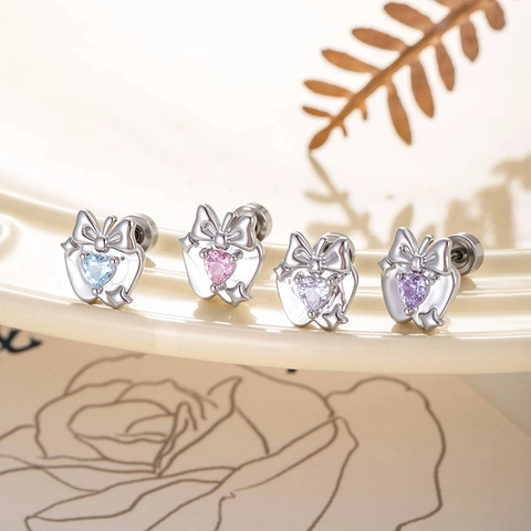 Bowknot Apple Heart Zircon Cartilage Stud Earring Titanium Steel Copper Piercing Jewelry For Women Sweet Cute