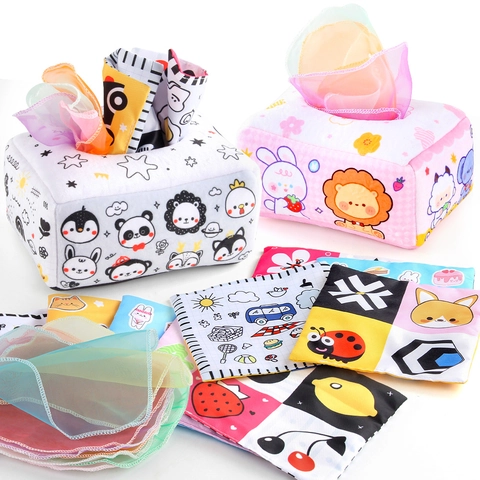 Baby Sensory Tissue Box Toy Soft Fabric Crinkle Paper Montessori Early Learning Numbers Letters Infants Toddlers Washable