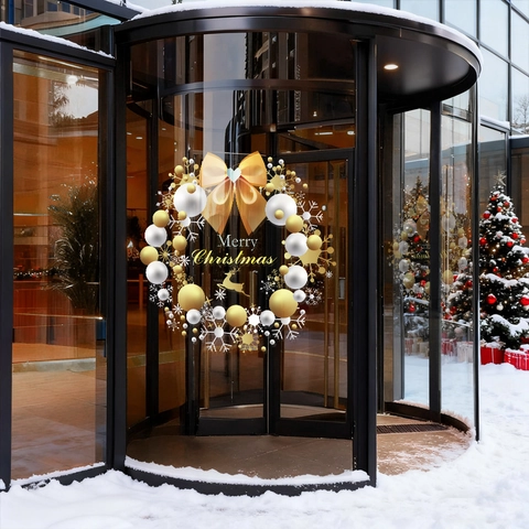 Christmas Wreath Window Stickers Gold PVC Static Cling Reindeer Snowflake Decal For Glass Door Showcase Holiday Decor