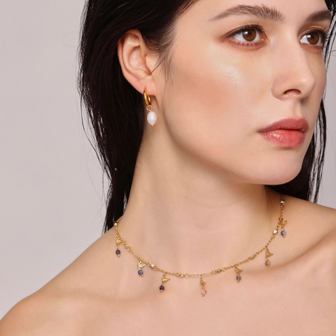 Bijoux En Acier Inoxydable Collier Boucle Oreille Perle Eau Douce Lapis Lazuli Zircon Oiseau Chic Luxe Femmes