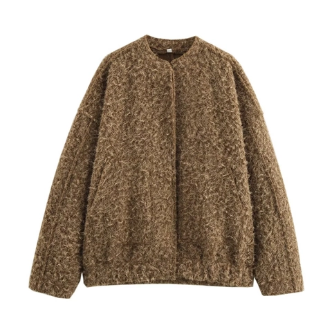Women Round Neck Plush Jacket Faux Fur Short Coat Solid Color Long Sleeve Zipper Outerwear Casual Elegant Camel