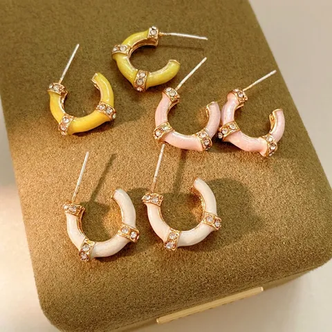 C-Form Bambus Gelenk Ohrstecker Mit Emaille Rhinestones Und Silver Earring Post Retro Eleganter Stil Für Damen