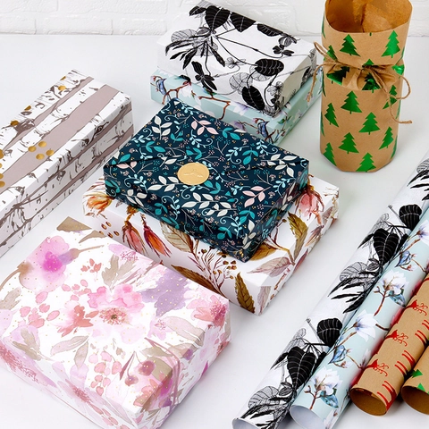 Gift Wrapping Paper Botanical Leaf Christmas Reindeer Pattern Gold Foil Bronzing Kraft Paper Holiday Birthday Party