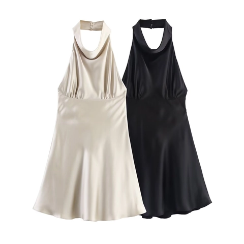 Halfter Satin Minikleid Wasserfall Ausschnitt Ärmellos Rückenfrei Elegant Party Cocktail Mode Für Frauen
