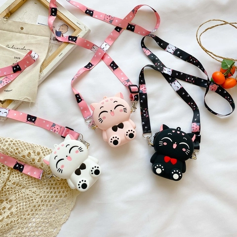 Cartoon Cat Silicone Coin Purse Mini Crossbody Bag Waterproof Adjustable Strap Kawaii Shoulder Pouch For Girls