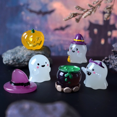 Figurines Miniatures Halloween Lumineuses Résine Brillant Dans Le Noir Fantôme Citrouille Chaudron Décor Jardin Bureau