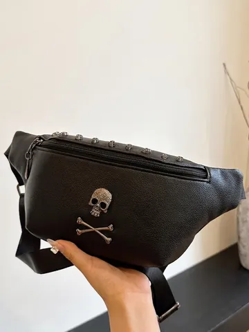 Punk Doodskop Heuptas Litchi Korrel PU Leer Fanny Pack Klinknagel Borsttas Voor Dames Streetwear Crossbody