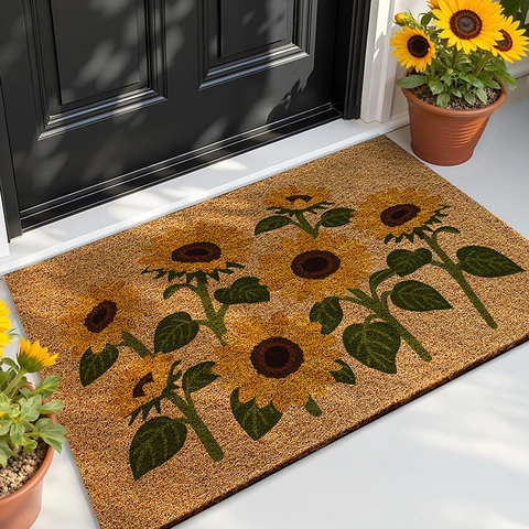 Faux Coir Door Mat Floral Sunflower Cactus Print Non Slip Dust Removal Entrance Rug For Home Indoor Outdoor Decor