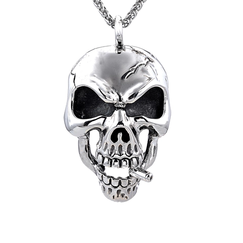Skull Head Pendant Necklace Stainless Steel Hollow Smoking Cigar Punk Gothic Hip Hop Retro Style Men Jewelry