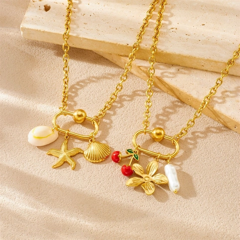 Stainless Steel Gold Plated Necklace Enamel Cherry Starfish Shell Flower Artificial Pearl Fashion Jewelry For Women