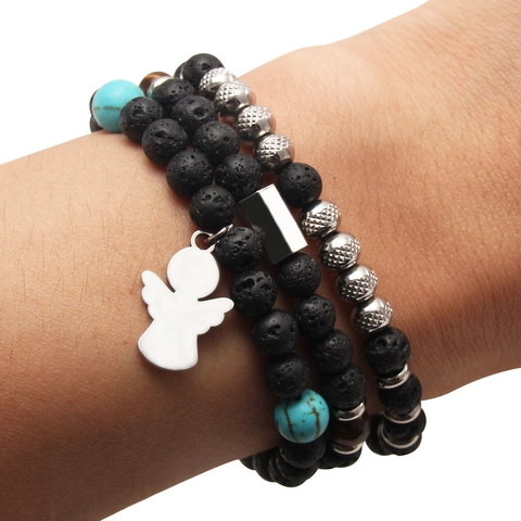 Bracciale In Perle Di Pietra Lavica Naturale E Occhio Di Tigre Con Pendente Angelo In Acciaio Inossidabile Gioielli Elastici