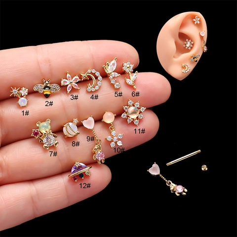 Gioielli Piercing Helix Da Donna Orecchino Per Cartilagine In Acciaio Inossidabile Con Zirconi Fiore Ape Luna A Vite