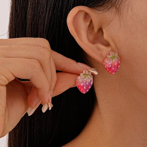 Boucles Doreilles Fraise Avec Tige En Argent Résine Rose Transparente Paillettes Bijoux Esthétique Doux Pour Femmes