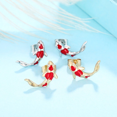 Koi Fish Stud Earrings Copper Red Enamel Sparkling Zircon Animal Shape Lucky Jewelry For Women Elegant
