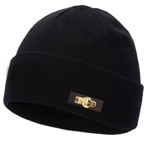 Bonnet En Tricot Chaud Acrylique Côtelé Avec Patch En Cuir Et Boucle Métallique Rétro Industriel Unisexe Tendance