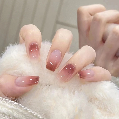 Press On Nägel Pink Braun Gradient Blush Effekt Glänzend Full Cover Künstliche Nägel Für Frauen DIY Maniküre