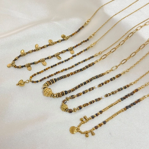 Edelstahl Tigerauge Perlenkette Für Damen 18K Vergoldet Herz Muschel Anhänger Bohemisch Vintage Minimalist Schmuck