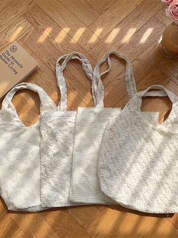 Women Lace Flower Embroidery Mesh Tote Bag Large Capacity Hollow Out Korean Style Summer Shoulder Handbag