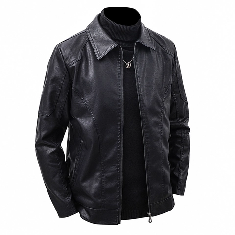 Mens PU Lederjacke Reverskragen Reißverschluss Oberbekleidung Lässiger Biker Stil Mode Mantel Mit Taschen Weiche Tops