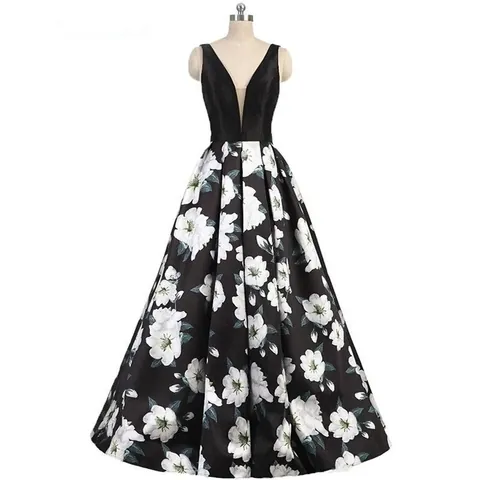 Elegante Abito Da Sera Scollo A V Profondo Senza Maniche Stampa Floreale Linea A Satén Abito Da Ballo Formale Donne