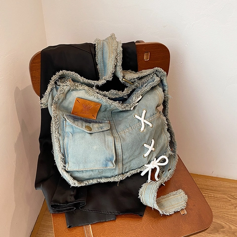 Γυναικεία Τσάντα Χιαστί Denim Με Ξέφτια Κορδόνια Y2K Streetwear Distressed Μεγάλη Χωρητικότητα Τσάντα Ώμου